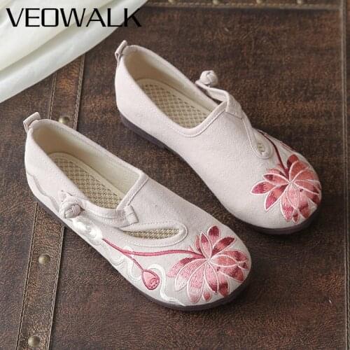 Veowalk Vintage Flower Embroidered Women Cotton Ballet Flats Elegant Ladies Comfortable Casual Walking Driving Shoes Pink Grey