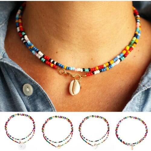 Bohemians Women Cowrie Shell Charm Beaded Double Layer Necklace Jewelry Gift for Women Girls LXH