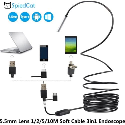 3in1 5.5mm mini Lens 6 LED Inspection Pipe Android Endoscope Borescope Camera 1/2/5/10M soft Cable For smartphone USB Type-c PC