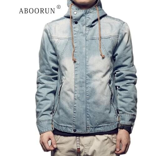 ABOORUN 2021 Mens Retro Hooded Denim Jackets Plus Size 5XL Patchwork Jean Coat Washed Cotton Jackets for Male
