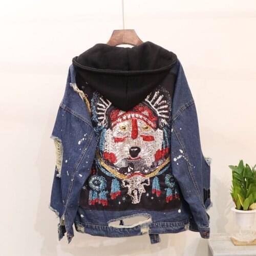 Cakucool Denim jacket Women Sequins Wolf Jeans Coat Hooded Long Sleeves Novelty Chic Beading Holes Street Outerwear Tops Female
