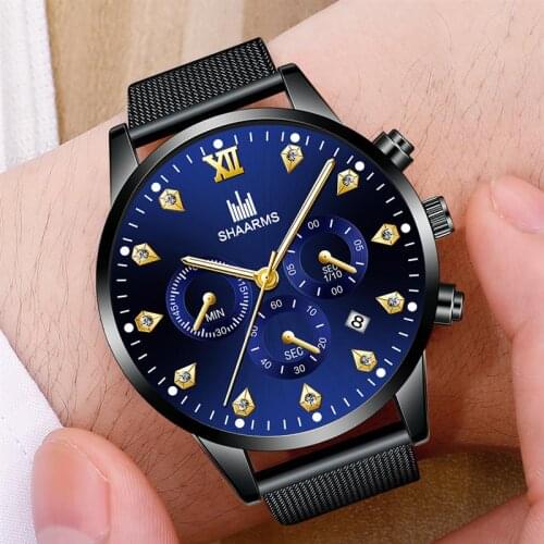 SHAARMS Fashion Mens Watches Top Brand Luxury Wristwatch Quartz Blue Watch Men Waterproof Sport Male Clock Relogio Masculino