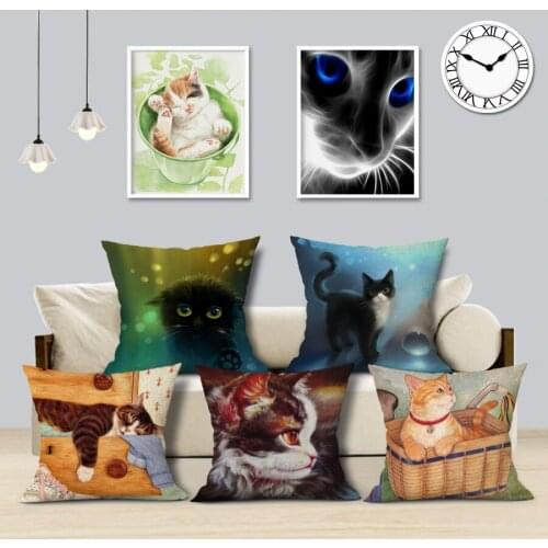 Cute Black Cat Decorative Cushion Cover 45x45CM Cotton Linen Square Throw Pillow Cover Animal Cushion Decorative Pillow Cace
