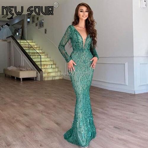 Beading Green Long Dubai Evening Dresses 2020 New Couture Middle East Prom Dress With V Neck Custom Made Saudi Arabia Party Gown