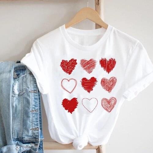 FIXSYS Women Sweet Love Heart Printing 90s Kawaii Valentines Day Fashion Clothes Printed Tshirt Female Graphic T-shirt