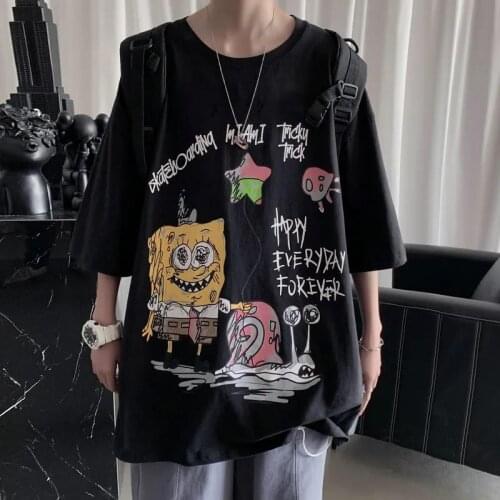 100% Cotton Cartoon T-Shirt Male Kawaii Harajuku Tshirt Streetwear Men Japan Hip Hop Loose Half Sleeve Gothic O-Neck T shirts