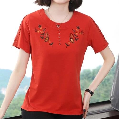 GGRIGHT 2021 New Summer Tops Button T-Shirt Floral Embroidery T Shirt Women Casual Cotton Korean Woman Clothes Tee Shirt Femme