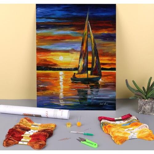 Oil Painting Style Sailing Printed Water-Soluble Canvas 11CT Cross-Stitch DIY Embroidery Full Kit DMC Threads Floss