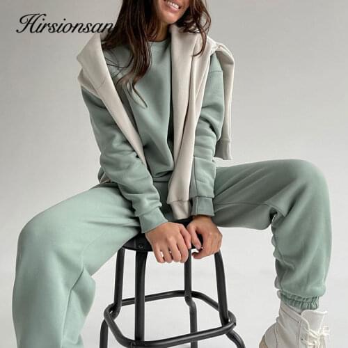 Hirsionsan Cotton Sets Women 2021 New Autumn Winter Warm Casual Two Pieces Fleece Tops and Pants Loose Solid Sweatpants Pullover