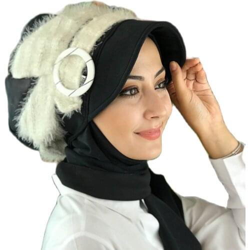 Islamic Fashion Muslim Women Hijab 2021 Trend Single Size Bathing Cap Beret Ready Shawl Scarf Buckle Hat Furry Black Ankle-Strap Hat