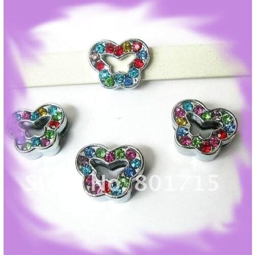 Wholesale 100pcs 8mm DIY Accessories Mix Colorful Rhinestone Butterfly Slide Charms Fit Pet Collars Wristbands Belts