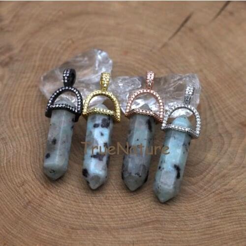 Necklace Pendant Kiwi Jaspers Gold Electroplated Cap Micro CZ Paved Point Pencil Pendant Jewelry Making In 45*10 mm PM7404