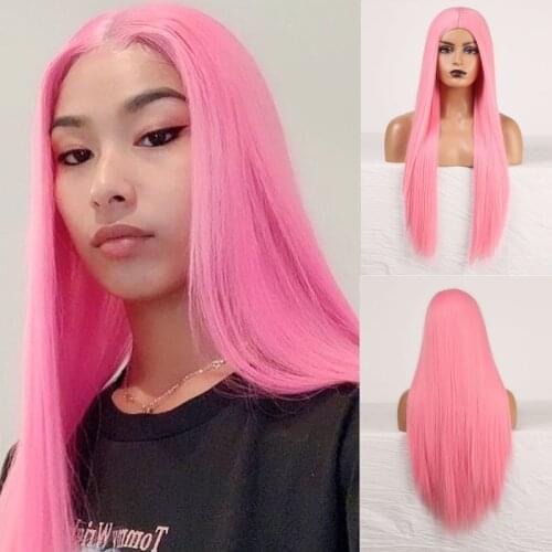 Pink Cosplay Wig for Girls Women Silky Straight Synthetic Wigs with Baby Hair Heat Resistant Fiber Hair Middle Part