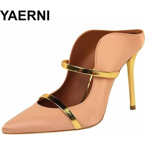 YAERNI Women Fetish 10cm High Heels Slides Female Sexy Summer Satin Mules Lady Slip On Yellow Sandals Women Silk Burgundy Shoes
