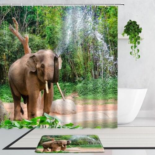Funny Elephant Sprinkling Shower Curtains Forest Wild Animal Bathroom Decoration Accessories Non-Slip Carpet Mats Bath Curtain