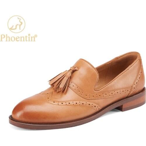 Phoentin Women oxfords pumps shoes 2021 vintage genuine leather ladys Thick heels Retro tassel shoes black brown shoes FT1650