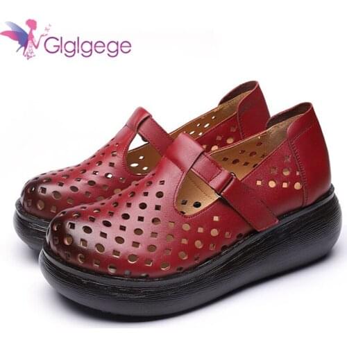 Glglgege shoes womens 2019 spring leather hollow leather Flats round head comfortable soft thick bottom womens Platform shoes