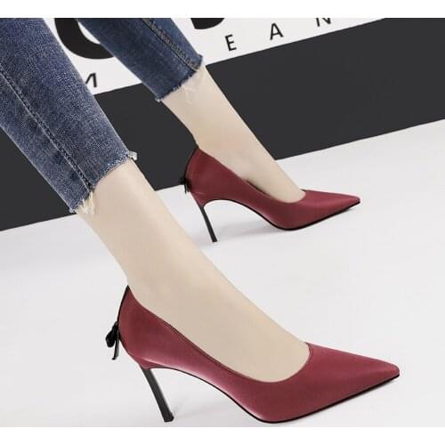 2020 NEW SPRING bowknot Metal Heel Thin Womens Pumps Solid Pointed Toe Fashion Shallow High Heels Women Shoes