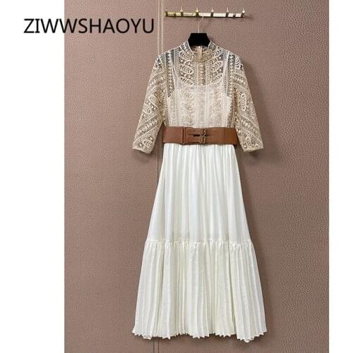 ZIWWSHAOYU 2021 Fashion Women Spring Summer Runway Long Dress Elegant Hollow Out Embroidery Patchwork Pleated Dress Vestdios