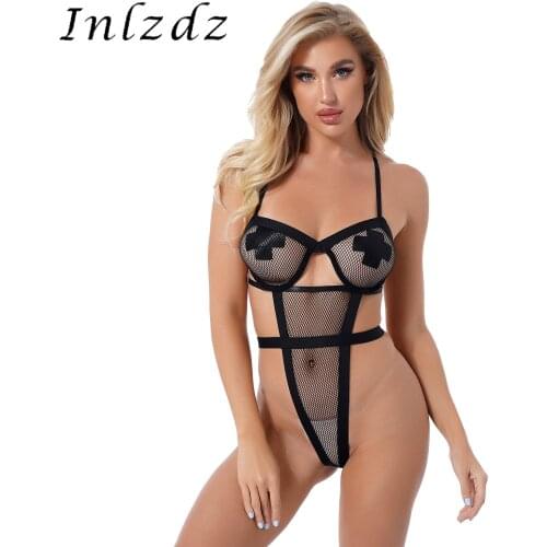 Womens See through Sheer Mesh Sexy Bodysuit Adjustable Straps Hollow Out Fishnet Underwire Cup High Cut Leotard Nightwear