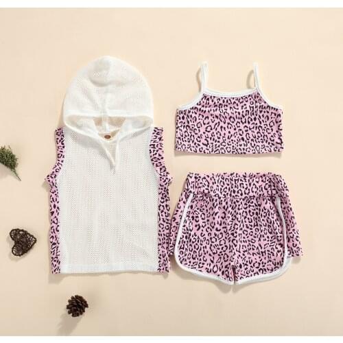 2021 Summer Kid Camisole + Shorts + Hooded Vest, Leopard Print Sport Style Breathable Mesh Fashion Clothing
