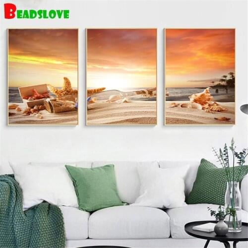 Diamond Painting 5D Full Square Round Drill Sea Sand Beach Seascape Starfish Sunset Diamond Embroidery cross Stitch Mosaic 3 pcs