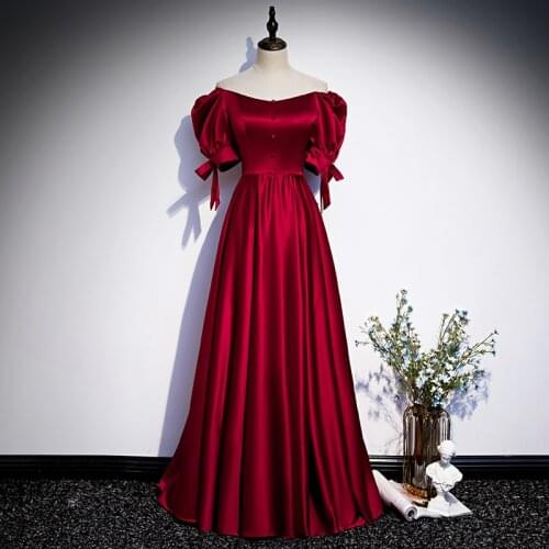 Burgundy Off The Shoulder Evening Dress Bow Zipper Back A-Line Simple Boat Neck New Floor-Length Party Formal Dresses Woman B995