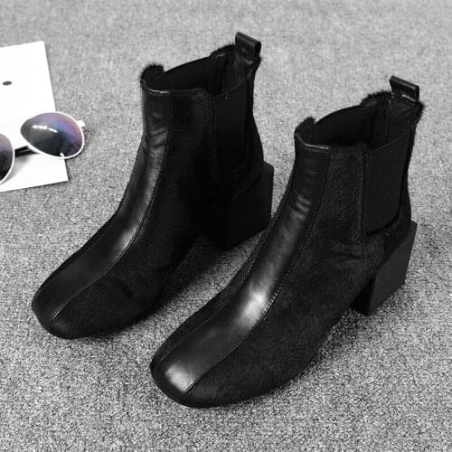 Thick High Heel Chelsea Boots Women Shoes Fashion Black Horsehair Cowhide Spliced Ankle Boots Autumn Winter Party Office Booties