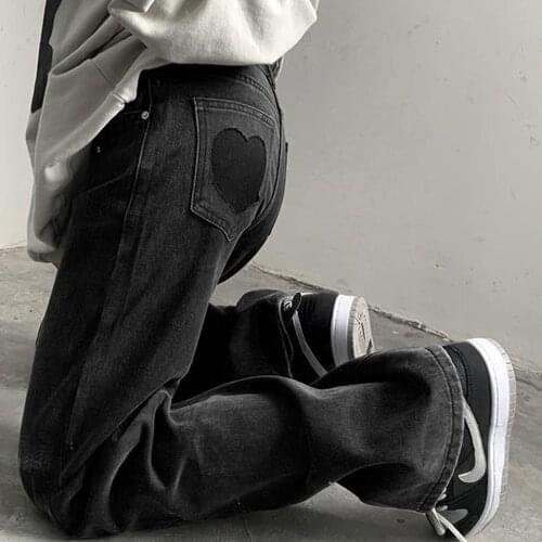 Large Size 4XL Black Pocket Love Fashion Chic Straight Jeans Womens Fall/winter High Waist All-match Wide-leg Denim Trousers