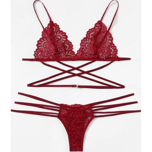 Women Lace Lingerie Set Sexy See Through Exotic Underwear Outfits Cross Bandage Bra Panties Sets Nightwear Lenceria Para Mujer