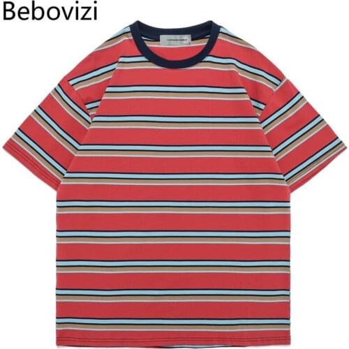 Striped Contrast Short Sleeve T-Shirt Mens Trendy Summer Street Hip Hop Loose Retro Couple Tops Personality Cotton 2021