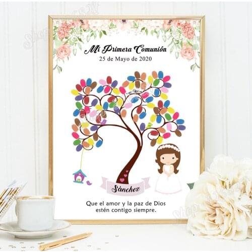 First Communion Girls Boys Fingerprint Tree Painting Guestbook Canvas Custom Baby Shower Baptism Birthday Baby Shower Souvenir