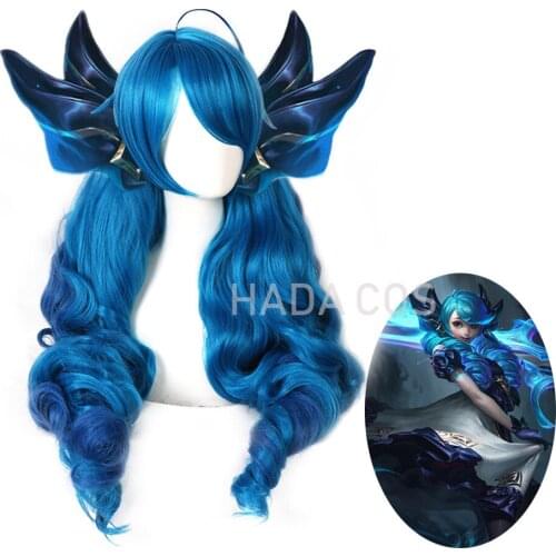 Game LOL New Role Gwen Cosplay Props Wig Blue Wavy Side Part Gwen Wig with Bangs Ponytails Synthetic Hair for Halloween Party