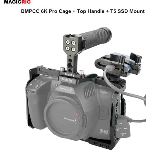 MAGICRIG BMPCC 6K Pro Cage with Rubber Top Handle + T5 SSD Mount for Blackmagic Design Pocket Cinema Camera 6K Pro Camera