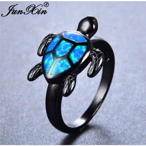 Cute Animal Turtle Rings For Women Men White Gold Black Gold Filled Rainbow White Green Blue Fire Opal Ring Female Male Wedding