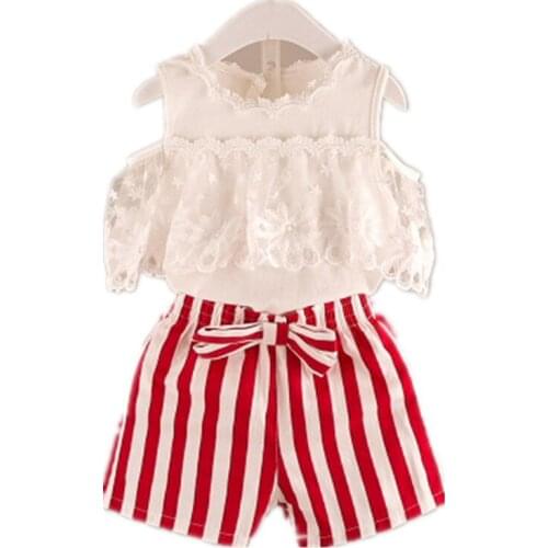 2 Pieces of Childrens Girl Clothing Suit Set Solid Color T-shirt Striped Shorts Set