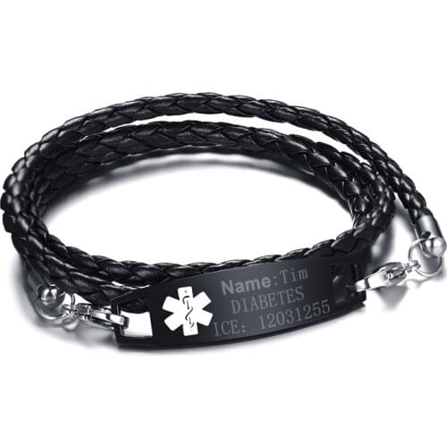 Medical Alert ID Bracelet Multilayer Braided Leather Bangle Personalized Free Engraving DIABETES Bangle Emergency Rescue
