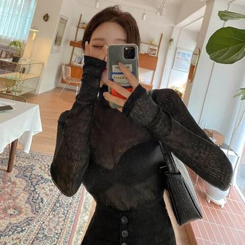 New bottoming shirt womens fashion long-sleeved womens T-shirt mesh top Korean womens clothing 2021 hot sale