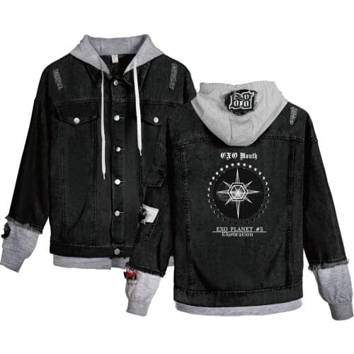 Novelty EXO Ablum Print Harajuku Loose Denim Jacket Women Pattern Jeans Coat Hip Hop Jeans Hoodies Jacket Casual Women Jackets