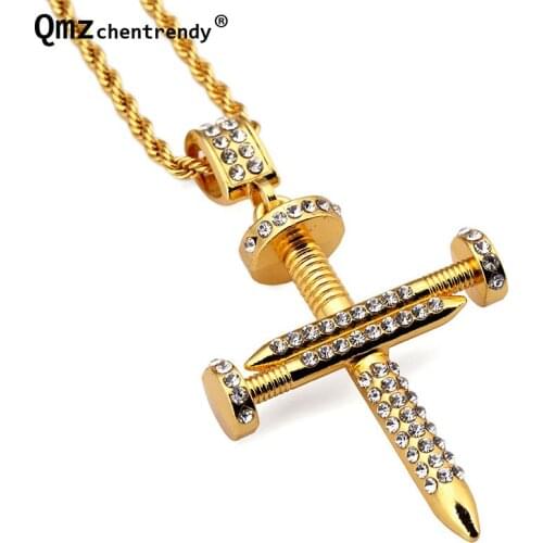 New Trendy Simple Large Gold Crystal Nail Cross Pendant Rope Necklace for Unisex Hip Hop Crucifix Christian Male Jewelry