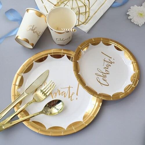 Disposable Tableware Party Set Bronzing Lace Letters Birthday 7Inch 9Inch Cake Paper Plate Paper Cup Napkin