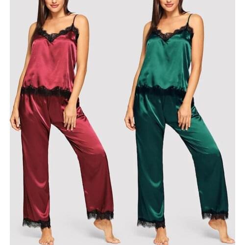 2Pcs Sexy Pajama Set Women Sexy Lace Patchwork Silk Spaghetti Strap Top Vest Long Pants Pajama Women Sleepwear Femme Pijamas