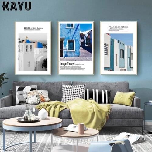 Scandinavian Blue Building Wall Art Poster European Beautiful Landscape Canvas Painting Modern Gallery Living Room Home Decor