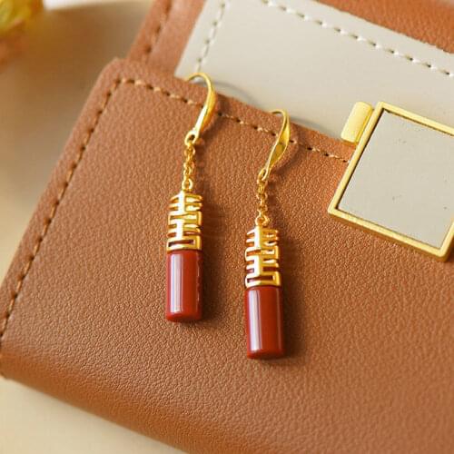 New S925 Sterling Silver Inlaid South Red Full Color Full of Meat Double Happiness Ear Hook Earrings Valentines Day Gift High S