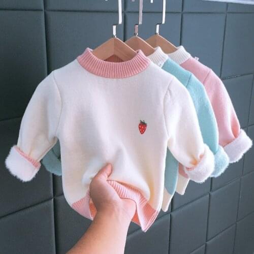 2021 Spring Girl Cute Round Collar Sweater Plus Velvet Girls Sweater Toddler Girl Sweater Kids Winter Sweaters Baby Sweater
