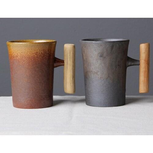 300ml Vintage Crude Ceramic Coffee Mug Tumbler Rust Glaze With Wooden Handgrip Tea Milk Beer Water Cup Home Office Drinkware