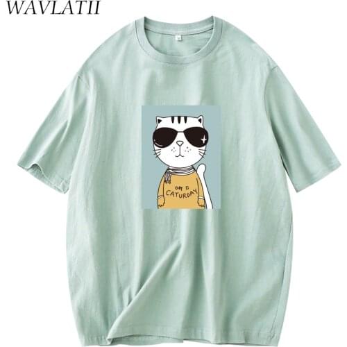 WAVLATII Women Short Sleeve T shirts Lady Fashion Casual Summer Tops Female White Cartoon Cat Print Tees for Summer WT2115