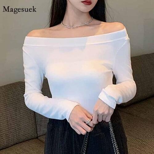 Spring Autumn Korean Style Slash Neck Off Shoulder T-shirt Women Sexy White Long Sleeve Slim Top Pullover Bottoming Blouse 12204