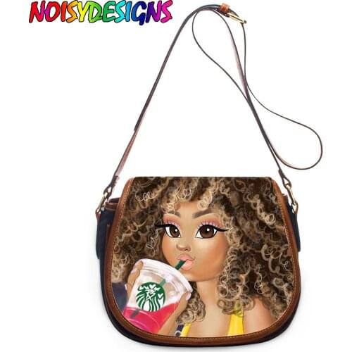 NOISYDESIGNS Afro Art Black Girls Print Women Messenger/Crossbody Bag Ladies PU Leather Shoulder Saddle Bag Bolsa Feminine