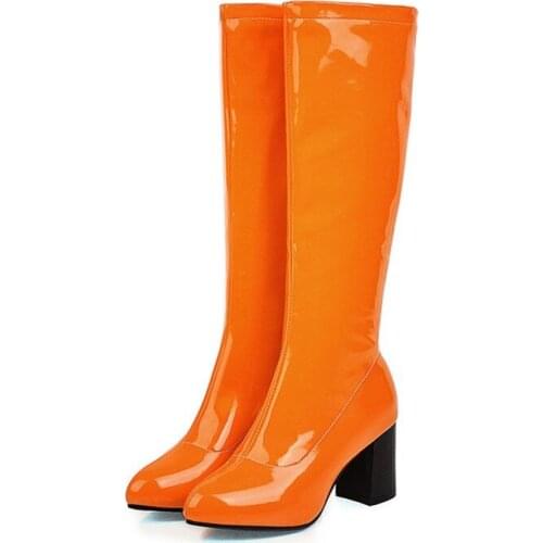 PXELENA Sweet 6 Colors Women Cosplay Riding Mid Calf Boots Patent Leather Green Yellow Red Orang Chunky High Heel Winter Shoes